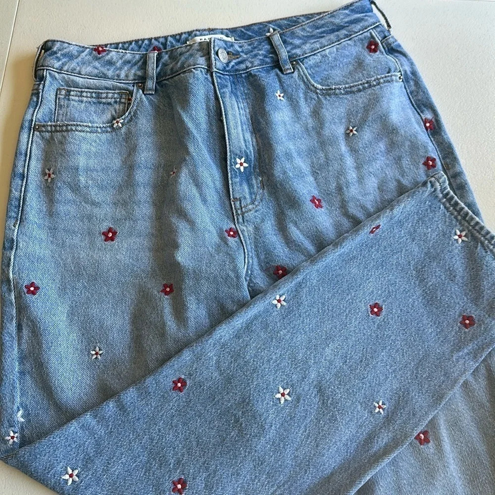 PacSun Blue Jeans with Red Floral Embroidery